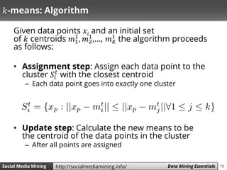70Social Media Mining Measures and Metrics 70Social Media Mining Data Mining Essentialshttp://socialmediamining.info/
𝑘-means: Algorithm
Given data points 𝑥𝑖 and an initial set
of 𝑘 centroids 𝑚1
1
, 𝑚2
1
,…, 𝑚 𝑘
1
the algorithm proceeds
as follows:
• Assignment step: Assign each data point to the
cluster 𝑆𝑖
𝑡
with the closest centroid
– Each data point goes into exactly one cluster
• Update step: Calculate the new means to be
the centroid of the data points in the cluster
– After all points are assigned
 