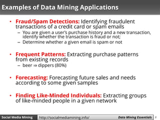 8Social Media Mining Measures and Metrics 8Social Media Mining Data Mining Essentialshttp://socialmediamining.info/
Examples of Data Mining Applications
• Fraud/Spam Detections: Identifying fraudulent
transactions of a credit card or spam emails
– You are given a user’s purchase history and a new transaction,
identify whether the transaction is fraud or not;
– Determine whether a given email is spam or not
• Frequent Patterns: Extracting purchase patterns
from existing records
– beer ⇒ dippers (80%)
• Forecasting: Forecasting future sales and needs
according to some given samples
• Finding Like-Minded Individuals: Extracting groups
of like-minded people in a given network
 