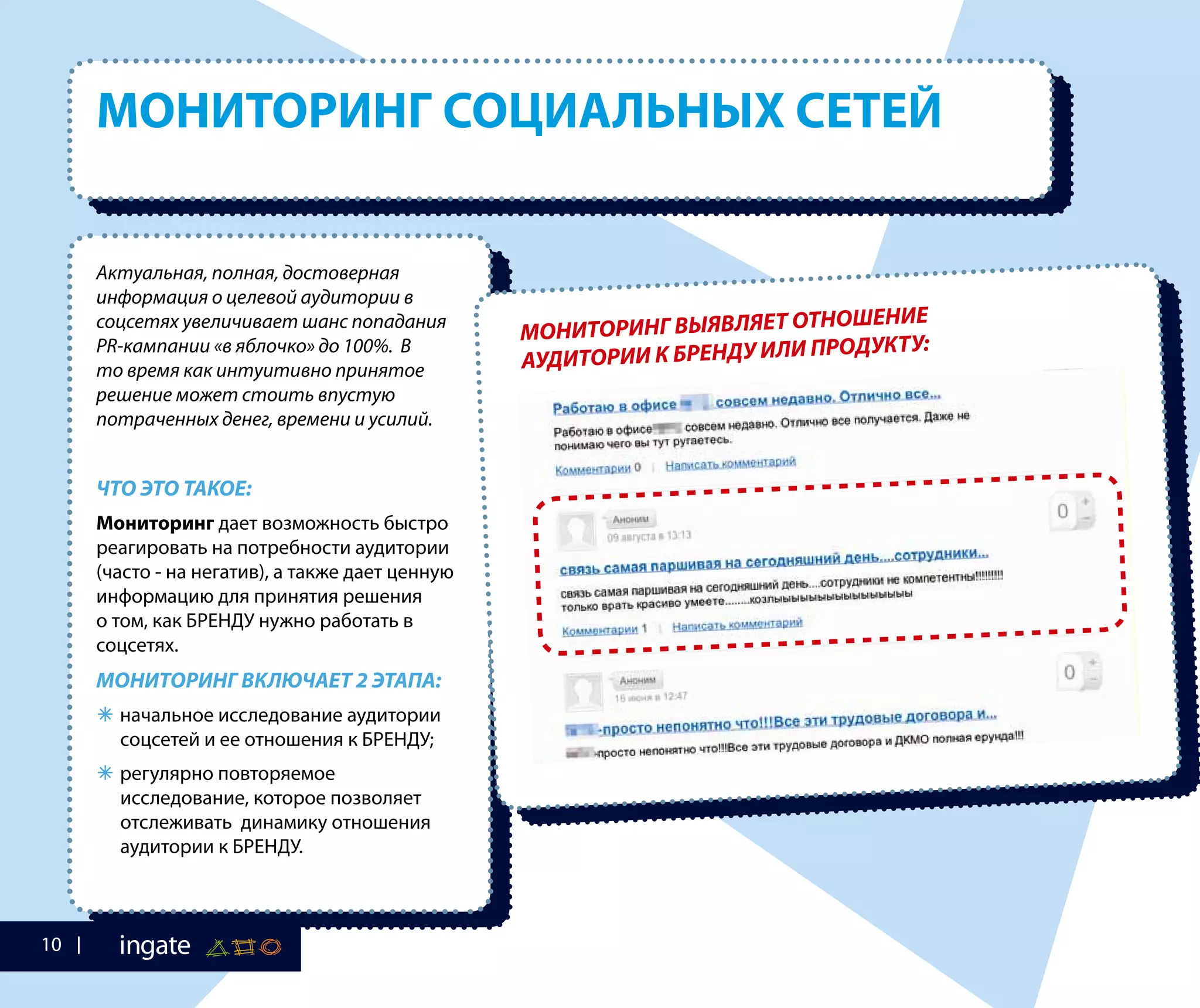 МОНИТОРИНГ СОЦИАЛЬНЫХ СЕТЕЙ
Актуальная, полная, достоверная
информация о целевой аудитории в
соцсетях увеличивает шанс попадания
PR-кампании «в яблочко» до 100%. В
то время как интуитивно принятое
решение может стоить впустую
потраченных денег, времени и усилий.
ЧТО ЭТО ТАКОЕ:
Мониторинг дает возможность быстро
реагировать на потребности аудитории
(часто - на негатив), а также дает ценную
информацию для принятия решения
о том, как БРЕНДУ нужно работать в
соцсетях.
МОНИТОРИНГ ВКЛЮЧАЕТ 2 ЭТАПА:
 начальное исследование аудитории
соцсетей и ее отношения к БРЕНДУ;
 регулярно повторяемое
исследование, которое позволяет
отслеживать динамику отношения
аудитории к БРЕНДУ.
МОНИТОРИНГ ВЫЯВЛЯЕТ ОТНОШЕНИЕ
АУДИТОРИИ К БРЕНДУ ИЛИ ПРОДУКТУ:
10
 