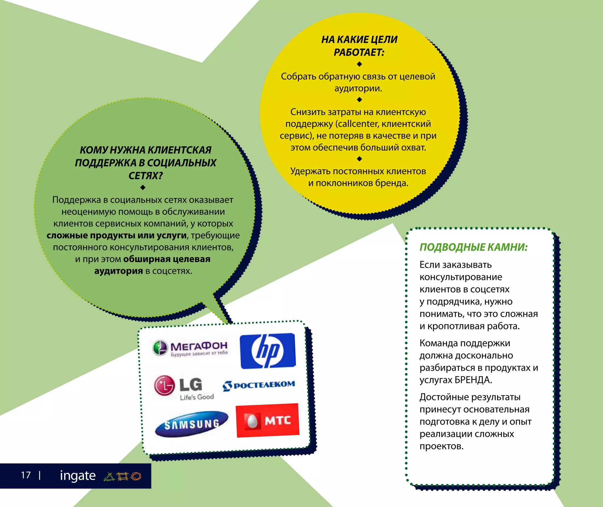 НА КАКИЕ ЦЕЛИ
РАБОТАЕТ:

Собрать обратную связь от целевой
аудитории.

Снизить затраты на клиентскую
поддержку (callcenter, клиентский
сервис), не потеряв в качестве и при
этом обеспечив больший охват.

Удержать постоянных клиентов
и поклонников бренда.
КОМУ НУЖНА КЛИЕНТСКАЯ
ПОДДЕРЖКА В СОЦИАЛЬНЫХ
СЕТЯХ?

Поддержка в социальных сетях оказывает
неоценимую помощь в обслуживании
клиентов сервисных компаний, у которых
сложные продукты или услуги, требующие
постоянного консультирования клиентов,
и при этом обширная целевая
аудитория в соцсетях.
ПОДВОДНЫЕ КАМНИ:
Если заказывать
консультирование
клиентов в соцсетях
у подрядчика, нужно
понимать, что это сложная
и кропотливая работа.
Команда поддержки
должна досконально
разбираться в продуктах и
услугах БРЕНДА.
Достойные результаты
принесут основательная
подготовка к делу и опыт
реализации сложных
проектов.
17
 