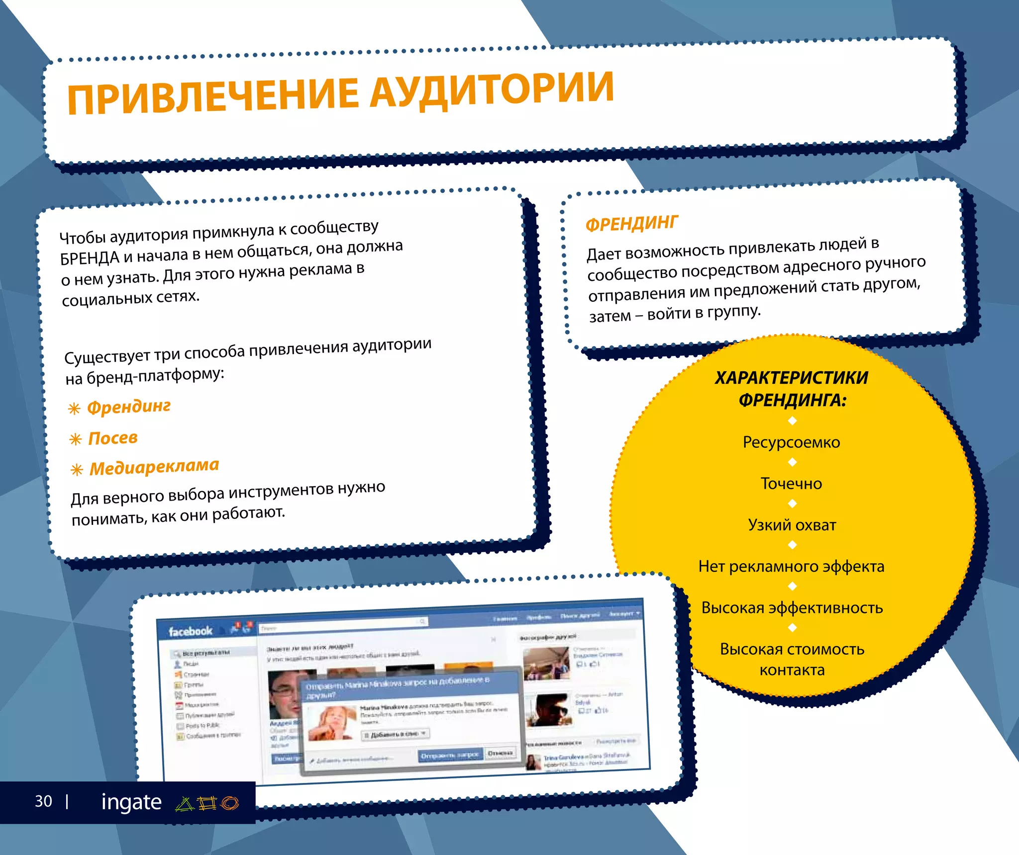 ПРИВЛЕЧЕНИЕ АУДИТОРИИ
Чтобы аудитория примкнула к сообществу
БРЕНДА и начала в нем общаться, она должна
о нем узнать. Для этого нужна реклама в
социальных сетях.
Существует три способа привлечения аудитории
на бренд-платформу:
 Френдинг
 Посев
 Медиареклама
Для верного выбора инструментов нужно
понимать, как они работают.
ФРЕНДИНГ
Дает возможность привлекать людей в
сообщество посредством адресного ручного
отправления им предложений стать другом,
затем – войти в группу.
ХАРАКТЕРИСТИКИ
ФРЕНДИНГА:

Ресурсоемко

Точечно

Узкий охват

Нет рекламного эффекта

Высокая эффективность

Высокая стоимость
контакта
30
 