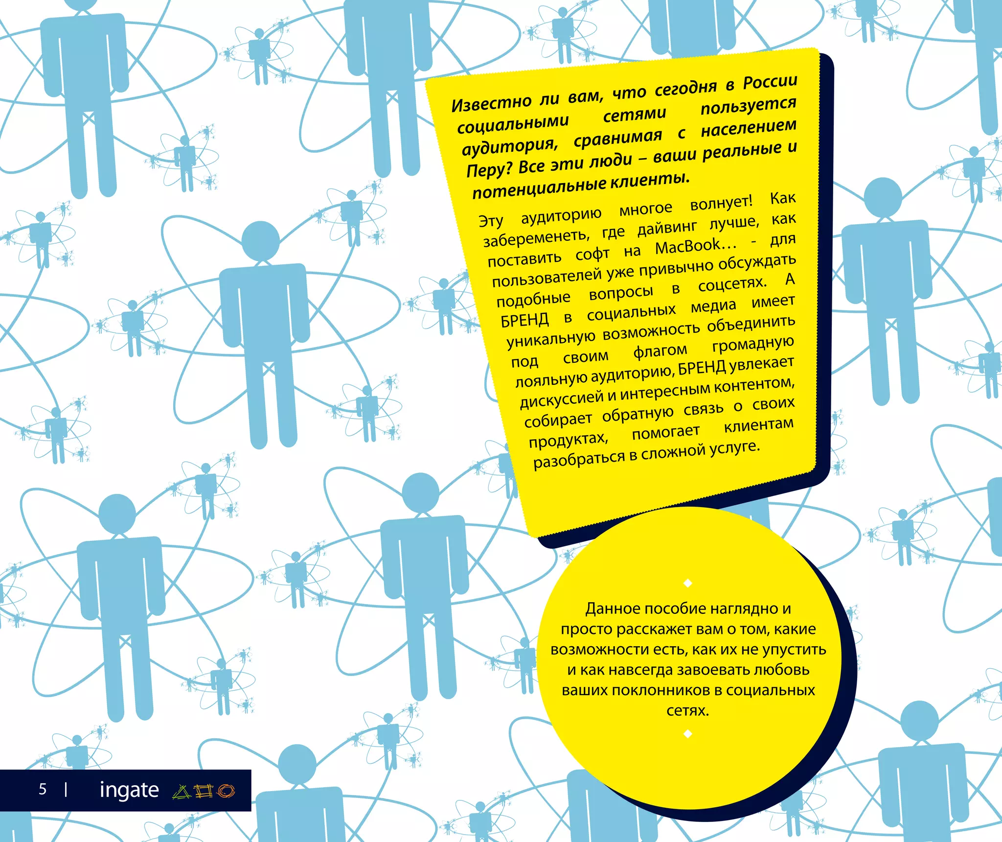 Известно ли вам, что сегодня в России
социальными сетями пользуется
аудитория, сравнимая с населением
Перу? Все эти люди – ваши реальные и
потенциальные клиенты.
Эту аудиторию многое волнует! Как
забеременеть, где дайвинг лучше, как
поставить софт на MacBook… - для
пользователей уже привычно обсуждать
подобные вопросы в соцсетях. А
БРЕНД в социальных медиа имеет
уникальную возможность объединить
под своим флагом громадную
лояльную аудиторию, БРЕНД увлекает
дискуссией и интересным контентом,
собирает обратную связь о своих
продуктах, помогает клиентам
разобраться в сложной услуге.

Данное пособие наглядно и
просто расскажет вам о том, какие
возможности есть, как их не упустить
и как навсегда завоевать любовь
ваших поклонников в социальных
сетях.

5
 