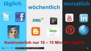 täglich
wöchentlich
monatlich
docgoy Twitt.Erfolg Twitt-Erfolg.de
Kontinuierlich nur 10 – 15 Minuten täglich
 