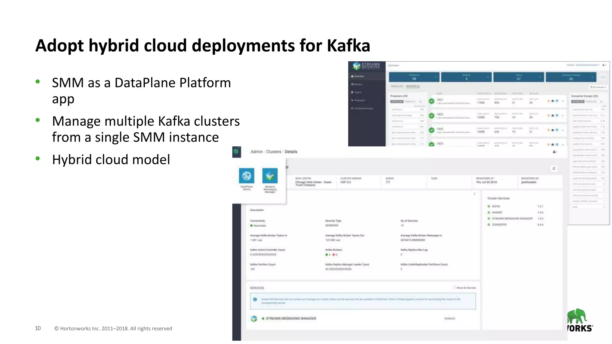 10 © Hortonworks Inc. 2011–2018. All rights reserved
Adopt hybrid cloud deployments for Kafka
• SMM as a DataPlane Platform
app
• Manage multiple Kafka clusters
from a single SMM instance
• Hybrid cloud model
 
