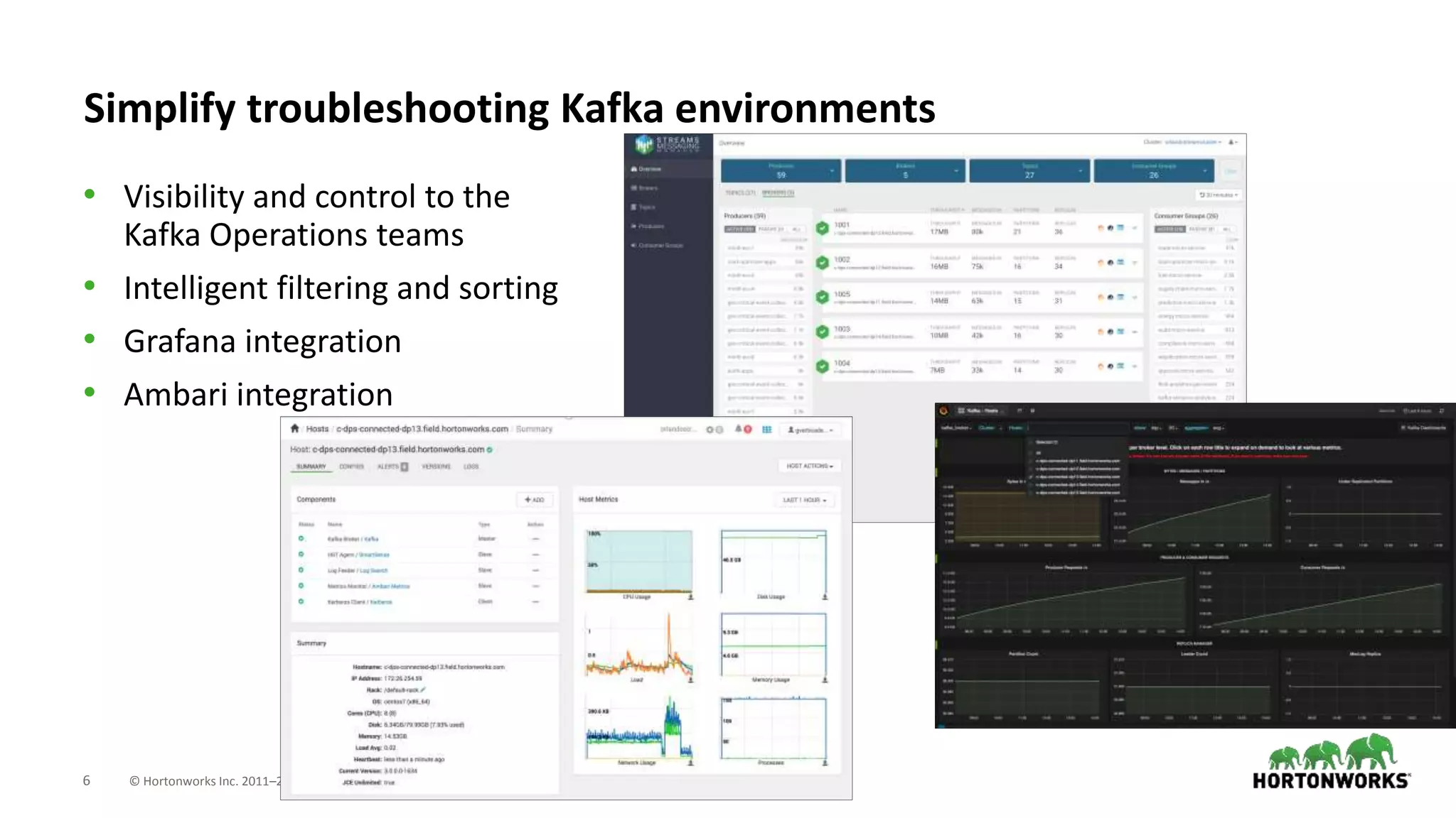 6 © Hortonworks Inc. 2011–2018. All rights reserved
Simplify troubleshooting Kafka environments
• Visibility and control to the
Kafka Operations teams
• Intelligent filtering and sorting
• Grafana integration
• Ambari integration
 