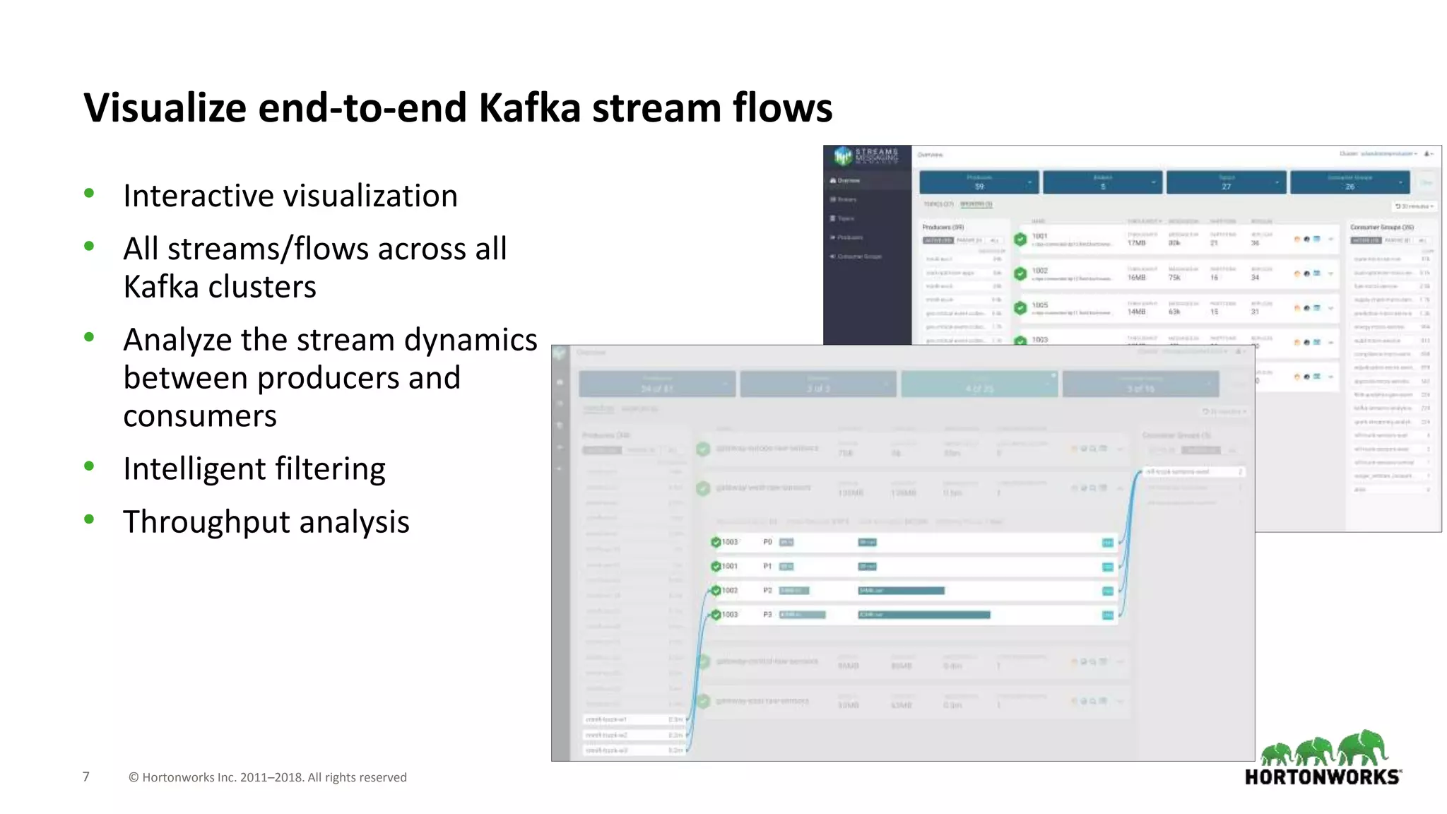 7 © Hortonworks Inc. 2011–2018. All rights reserved
Visualize end-to-end Kafka stream flows
• Interactive visualization
• All streams/flows across all
Kafka clusters
• Analyze the stream dynamics
between producers and
consumers
• Intelligent filtering
• Throughput analysis
 