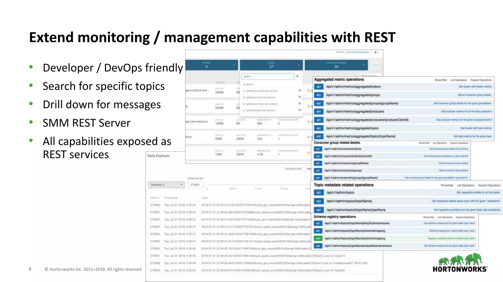9 © Hortonworks Inc. 2011–2018. All rights reserved
Extend monitoring / management capabilities with REST
• Developer / DevOps friendly
• Search for specific topics
• Drill down for messages
• SMM REST Server
• All capabilities exposed as
REST services
 