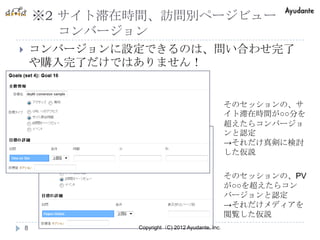 ※2 サイト滞在時間、訪問別ページビュー
           コンバージョン
       コンバージョンに設定できるのは、問い合わせ完了
        や購入完了だけではありません！


                                                    そのセッションの、サ
                                                    イト滞在時間が○○分を
                                                    超えたらコンバージョ
                                                    ンと認定
                                                    →それだけ真剣に検討
                                                    した仮説

                                                    そのセッションの、PV
                                                    が○○を超えたらコン
                                                    バージョンと認定
                                                    →それだけメディアを
                                                    閲覧した仮説
    8            Copyright（C) 2012 Ayudante, Inc.
 