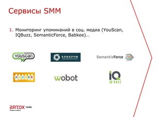 1. Мониторинг упоминаний в соц. медиа (YouScan,
IQBuzz, SemanticForce, Babkee)…
Cервисы SMM
 