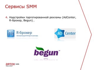 4. Надстройки таргетированной рекламы (AdCenter,
R-брокер, Begun)…
Cервисы SMM
 