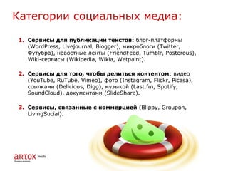 1. Сервисы для публикации текстов: блог-платформы
(WordPress, Livejournal, Blogger), микроблоги (Twitter,
Футубра), новостные ленты (FriendFeed, Tumblr, Posterous),
Wiki-сервисы (Wikipedia, Wikia, Wetpaint).
2. Сервисы для того, чтобы делиться контентом: видео
(YouTube, RuTube, Vimeo), фото (Instagram, Flickr, Picasa),
ссылками (Delicious, Digg), музыкой (Last.fm, Spotify,
SoundCloud), документами (SlideShare).
3. Сервисы, связанные с коммерцией (Blippy, Groupon,
LivingSocial).
Категории социальных медиа:
 