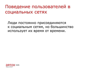 Люди постоянно присоединяются
к социальным сетям, но большинство
использует их время от времени.
Поведение пользователей в
социальных сетях
 