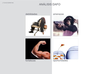 ANÁLISIS DAFO
debilidades amenazas
fortalezas oportunidades
2. PLAN DE MARKETING
 