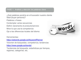 FASE 1: Análisis y elección de palabras clave
¿Qué palabras pondría en el buscador nuestro cliente
ideal (buyer persona)?
Palabras o frases
Contemplar varias secuencias
Definir claramente el producto/servicio
Mirar lo que usa la competencia
Ojo a las diferencias locales del idioma
Herramientas:
https://adwords.google.es/KeywordPlanner
Volumen de búsquedas, competencia, tendencias
https://www.google.es/trends/
Tendencias de búsqueda, estadísticas por tiempos,
regiones, categorías, etc.
 