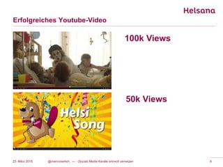 Erfolgreiches Youtube-Video
23. März 2015 @marconierlich --- (Social) Media Kanäle sinnvoll vernetzen 8
100k Views
50k Views
 