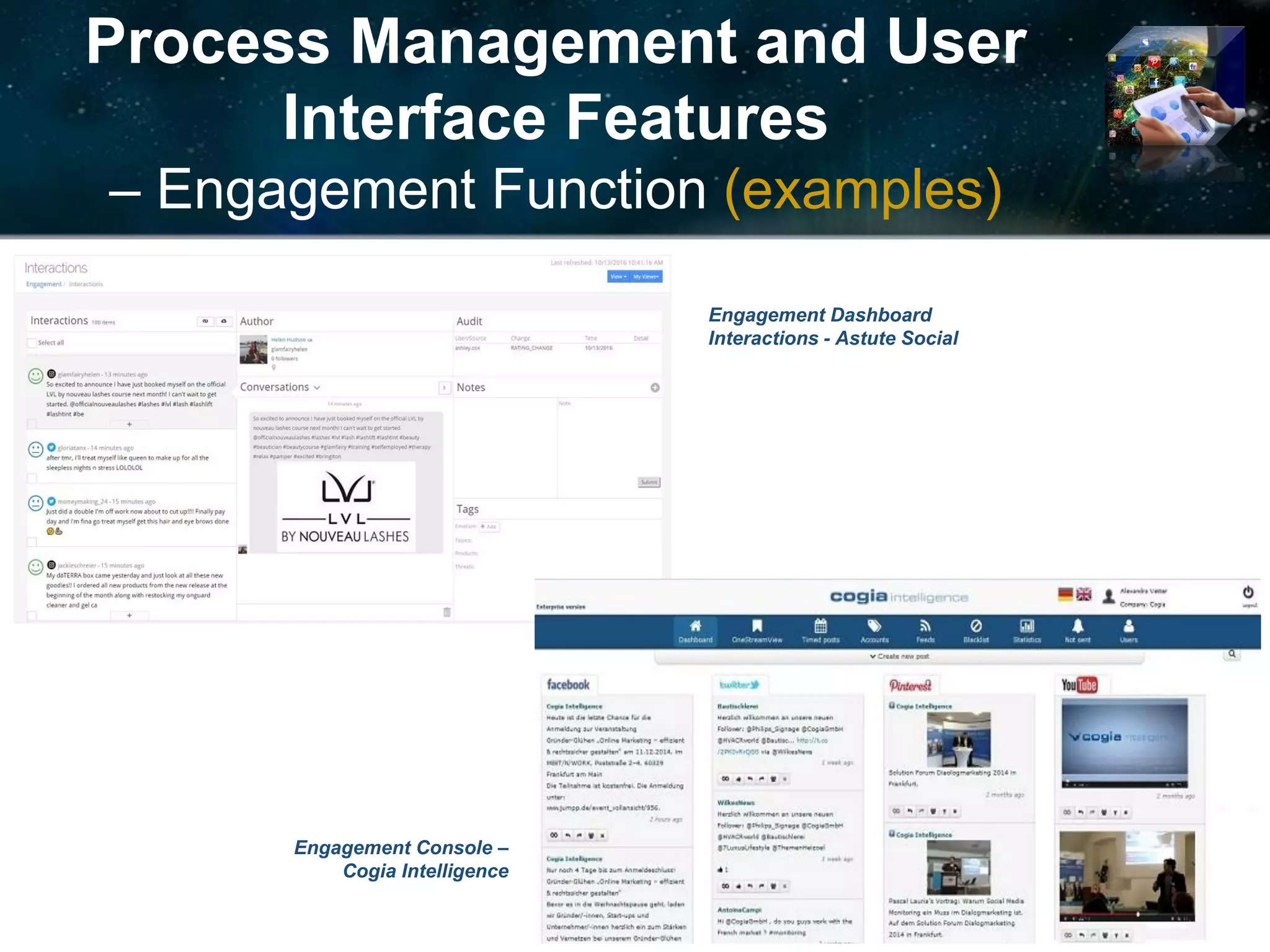 Process Management and User
Interface Features
– Engagement Function (examples)
Engagement Dashboard
Interactions - Astute Social
Engagement Console –
Cogia Intelligence
 