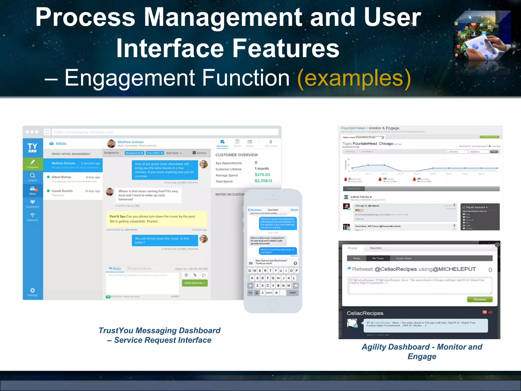 Process Management and User
Interface Features
– Engagement Function (examples)
Agility Dashboard - Monitor and
Engage
TrustYou Messaging Dashboard
– Service Request Interface
 