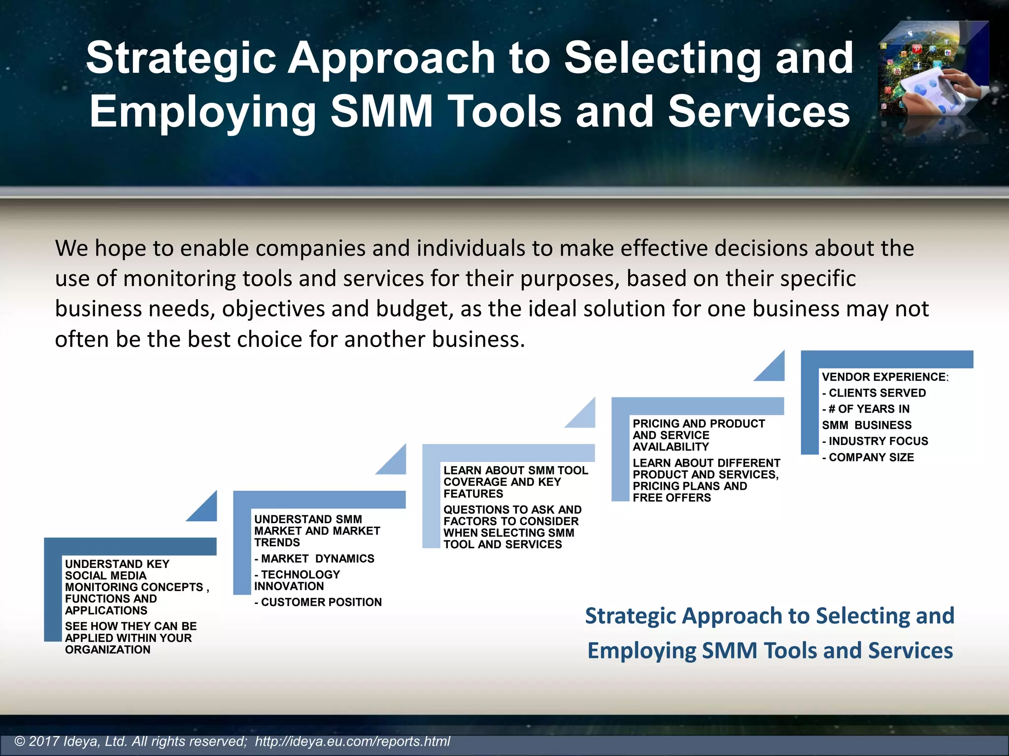 Strategic Approach to Selecting and
Employing SMM Tools and Services
© 2017 Ideya, Ltd. All rights reserved; http://ideya.eu.com/reports.html
We hope to enable companies and individuals to make effective decisions about the
use of monitoring tools and services for their purposes, based on their specific
business needs, objectives and budget, as the ideal solution for one business may not
often be the best choice for another business.
Strategic Approach to Selecting and
Employing SMM Tools and Services
UNDERSTAND KEY
SOCIAL MEDIA
MONITORING CONCEPTS ,
FUNCTIONS AND
APPLICATIONS
SEE HOW THEY CAN BE
APPLIED WITHIN YOUR
ORGANIZATION
UNDERSTAND SMM
MARKET AND MARKET
TRENDS
- MARKET DYNAMICS
- TECHNOLOGY
INNOVATION
- CUSTOMER POSITION
LEARN ABOUT SMM TOOL
COVERAGE AND KEY
FEATURES
QUESTIONS TO ASK AND
FACTORS TO CONSIDER
WHEN SELECTING SMM
TOOL AND SERVICES
PRICING AND PRODUCT
AND SERVICE
AVAILABILITY
LEARN ABOUT DIFFERENT
PRODUCT AND SERVICES,
PRICING PLANS AND
FREE OFFERS
VENDOR EXPERIENCE:
- CLIENTS SERVED
- # OF YEARS IN
SMM BUSINESS
- INDUSTRY FOCUS
- COMPANY SIZE
 