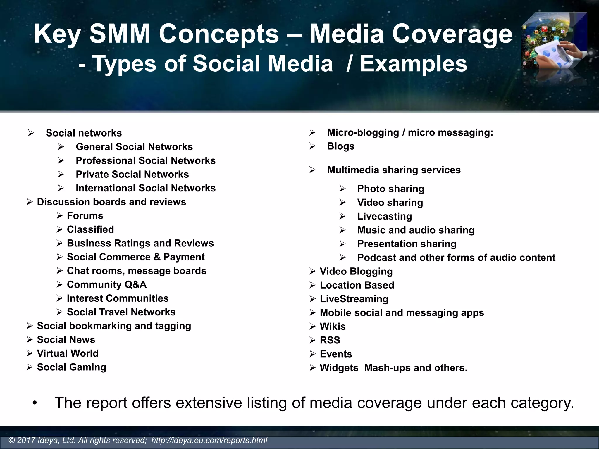 Key SMM Concepts – Media Coverage
- Types of Social Media / Examples
© 2017 Ideya, Ltd. All rights reserved; http://ideya.eu.com/reports.html
 Social networks
 General Social Networks
 Professional Social Networks
 Private Social Networks
 International Social Networks
 Discussion boards and reviews
 Forums
 Classified
 Business Ratings and Reviews
 Social Commerce & Payment
 Chat rooms, message boards
 Community Q&A
 Interest Communities
 Social Travel Networks
 Social bookmarking and tagging
 Social News
 Virtual World
 Social Gaming
 Micro-blogging / micro messaging:
 Blogs
 Multimedia sharing services
 Photo sharing
 Video sharing
 Livecasting
 Music and audio sharing
 Presentation sharing
 Podcast and other forms of audio content
 Video Blogging
 Location Based
 LiveStreaming
 Mobile social and messaging apps
 Wikis
 RSS
 Events
 Widgets Mash-ups and others.
• The report offers extensive listing of media coverage under each category.
 