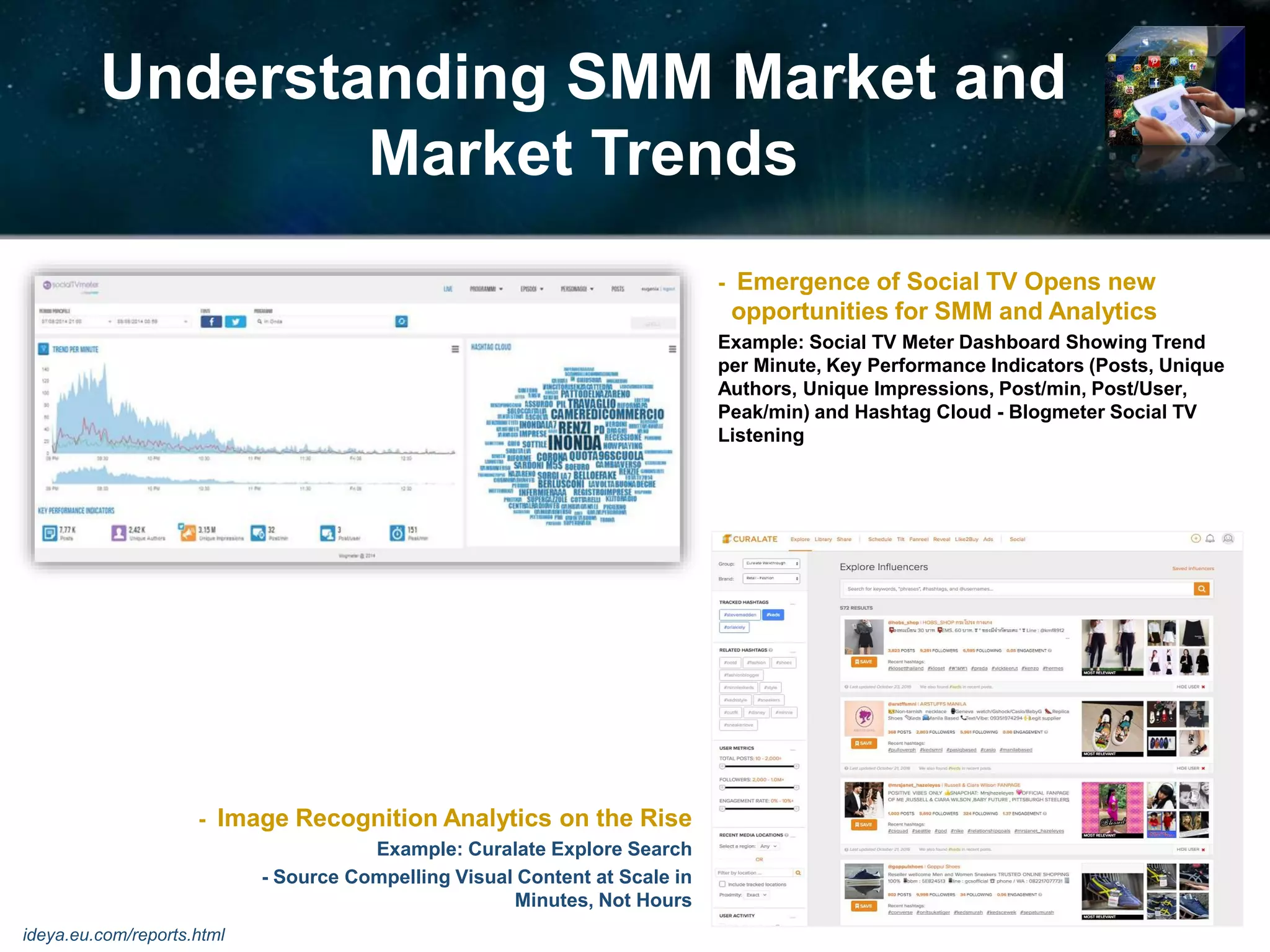 Understanding SMM Market and
Market Trends
- Emergence of Social TV Opens new
opportunities for SMM and Analytics
Example: Social TV Meter Dashboard Showing Trend
per Minute, Key Performance Indicators (Posts, Unique
Authors, Unique Impressions, Post/min, Post/User,
Peak/min) and Hashtag Cloud - Blogmeter Social TV
Listening
© 2016 Ideya, Ltd. All
/ideya.eu.com/reports.html
- Image Recognition Analytics on the Rise
Example: Curalate Explore Search
- Source Compelling Visual Content at Scale in
Minutes, Not Hours
 