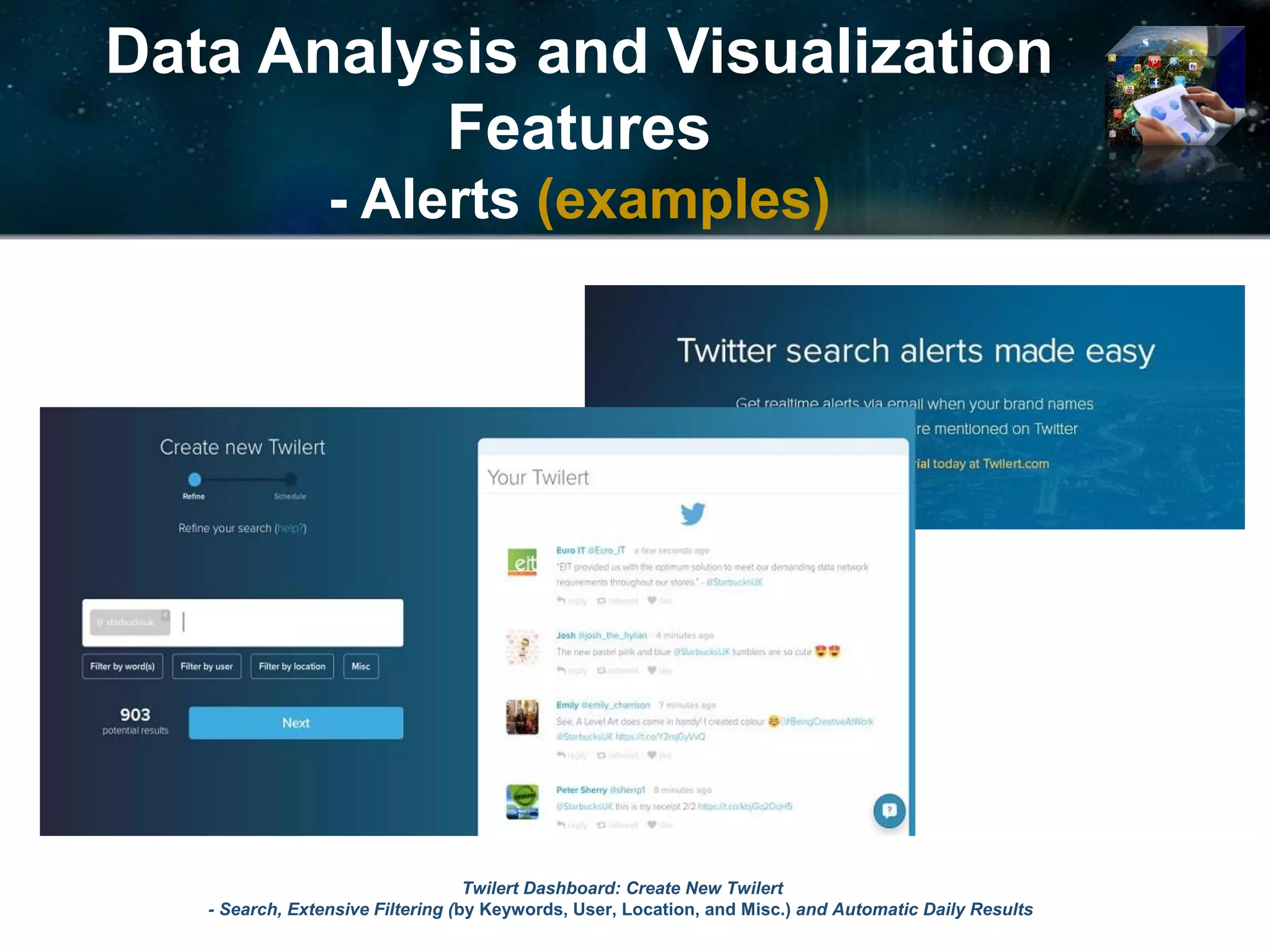 Data Analysis and Visualization
Features
- Alerts (examples)
Twilert Dashboard: Create New Twilert
- Search, Extensive Filtering (by Keywords, User, Location, and Misc.) and Automatic Daily Results
© 2017 Ideya, Ltd. All rights reserved; http://ideya.eu.com/reports.html
 