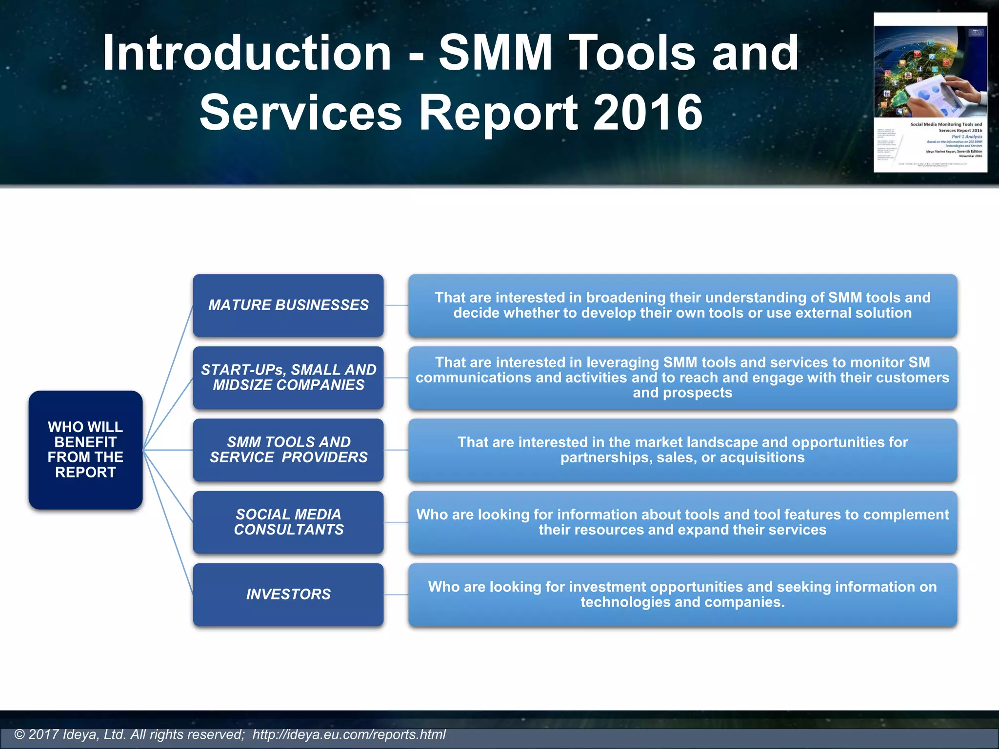 Introduction - SMM Tools and
Services Report 2016
WHO WILL
BENEFIT
FROM THE
REPORT
MATURE BUSINESSES
That are interested in broadening their understanding of SMM tools and
decide whether to develop their own tools or use external solution
START-UPs, SMALL AND
MIDSIZE COMPANIES
That are interested in leveraging SMM tools and services to monitor SM
communications and activities and to reach and engage with their customers
and prospects
SMM TOOLS AND
SERVICE PROVIDERS
That are interested in the market landscape and opportunities for
partnerships, sales, or acquisitions
SOCIAL MEDIA
CONSULTANTS
Who are looking for information about tools and tool features to complement
their resources and expand their services
INVESTORS
Who are looking for investment opportunities and seeking information on
technologies and companies.
© 2017 Ideya, Ltd. All rights reserved; http://ideya.eu.com/reports.html
 