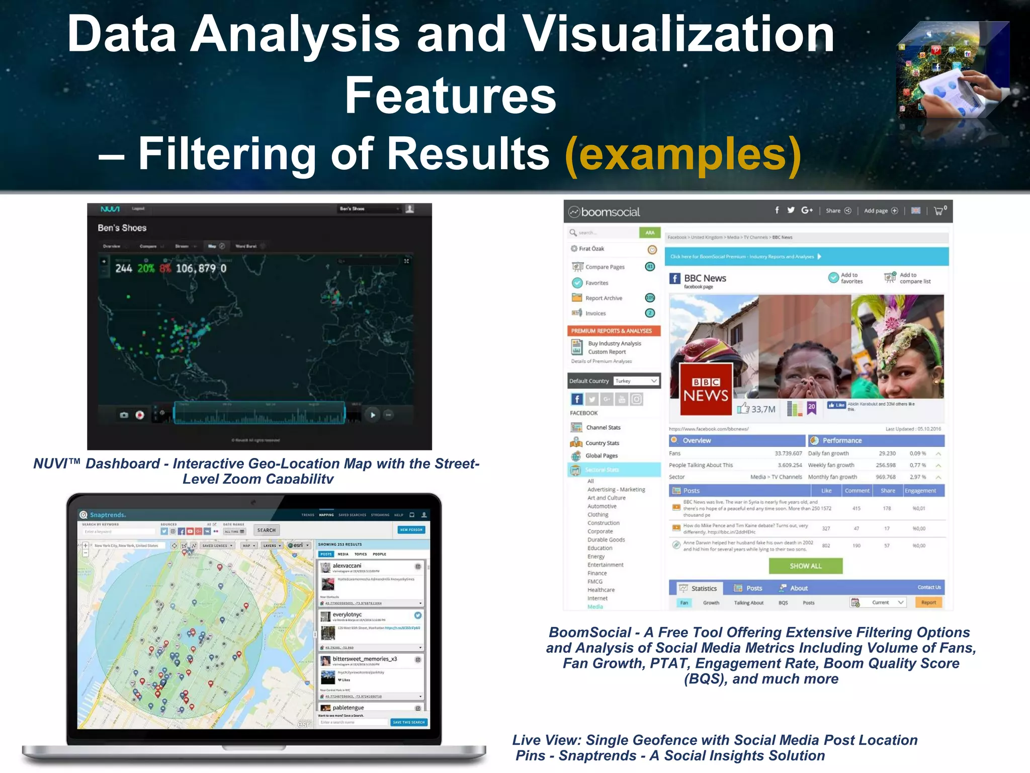 Data Analysis and Visualization
Features
– Filtering of Results (examples)
Live View: Single Geofence with Social Media Post Location
Pins - Snaptrends - A Social Insights Solution
NUVI™ Dashboard - Interactive Geo-Location Map with the Street-
Level Zoom Capability
BoomSocial - A Free Tool Offering Extensive Filtering Options
and Analysis of Social Media Metrics Including Volume of Fans,
Fan Growth, PTAT, Engagement Rate, Boom Quality Score
(BQS), and much more
 