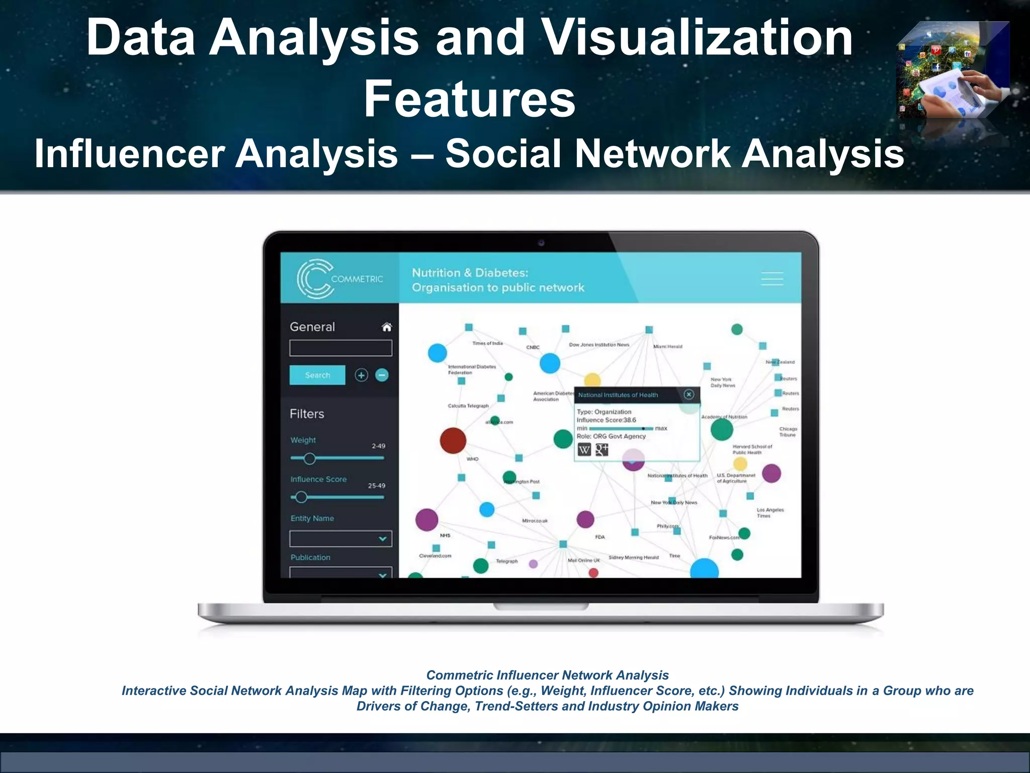 Data Analysis and Visualization
Features
Influencer Analysis – Social Network Analysis
Commetric Influencer Network Analysis
Interactive Social Network Analysis Map with Filtering Options (e.g., Weight, Influencer Score, etc.) Showing Individuals in a Group who are
Drivers of Change, Trend-Setters and Industry Opinion Makers
 