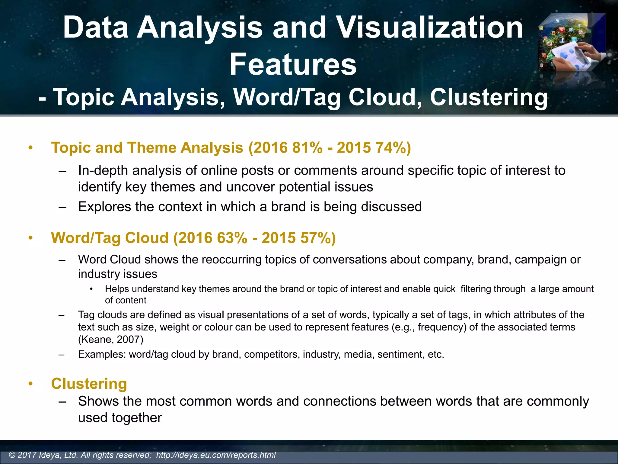 Data Analysis and Visualization
Features
- Topic Analysis, Word/Tag Cloud, Clustering
• Topic and Theme Analysis (2016 81% - 2015 74%)
– In-depth analysis of online posts or comments around specific topic of interest to
identify key themes and uncover potential issues
– Explores the context in which a brand is being discussed
• Word/Tag Cloud (2016 63% - 2015 57%)
– Word Cloud shows the reoccurring topics of conversations about company, brand, campaign or
industry issues
• Helps understand key themes around the brand or topic of interest and enable quick filtering through a large amount
of content
– Tag clouds are defined as visual presentations of a set of words, typically a set of tags, in which attributes of the
text such as size, weight or colour can be used to represent features (e.g., frequency) of the associated terms
(Keane, 2007)
– Examples: word/tag cloud by brand, competitors, industry, media, sentiment, etc.
• Clustering
– Shows the most common words and connections between words that are commonly
used together
© 2017 Ideya, Ltd. All rights reserved; http://ideya.eu.com/reports.html
 