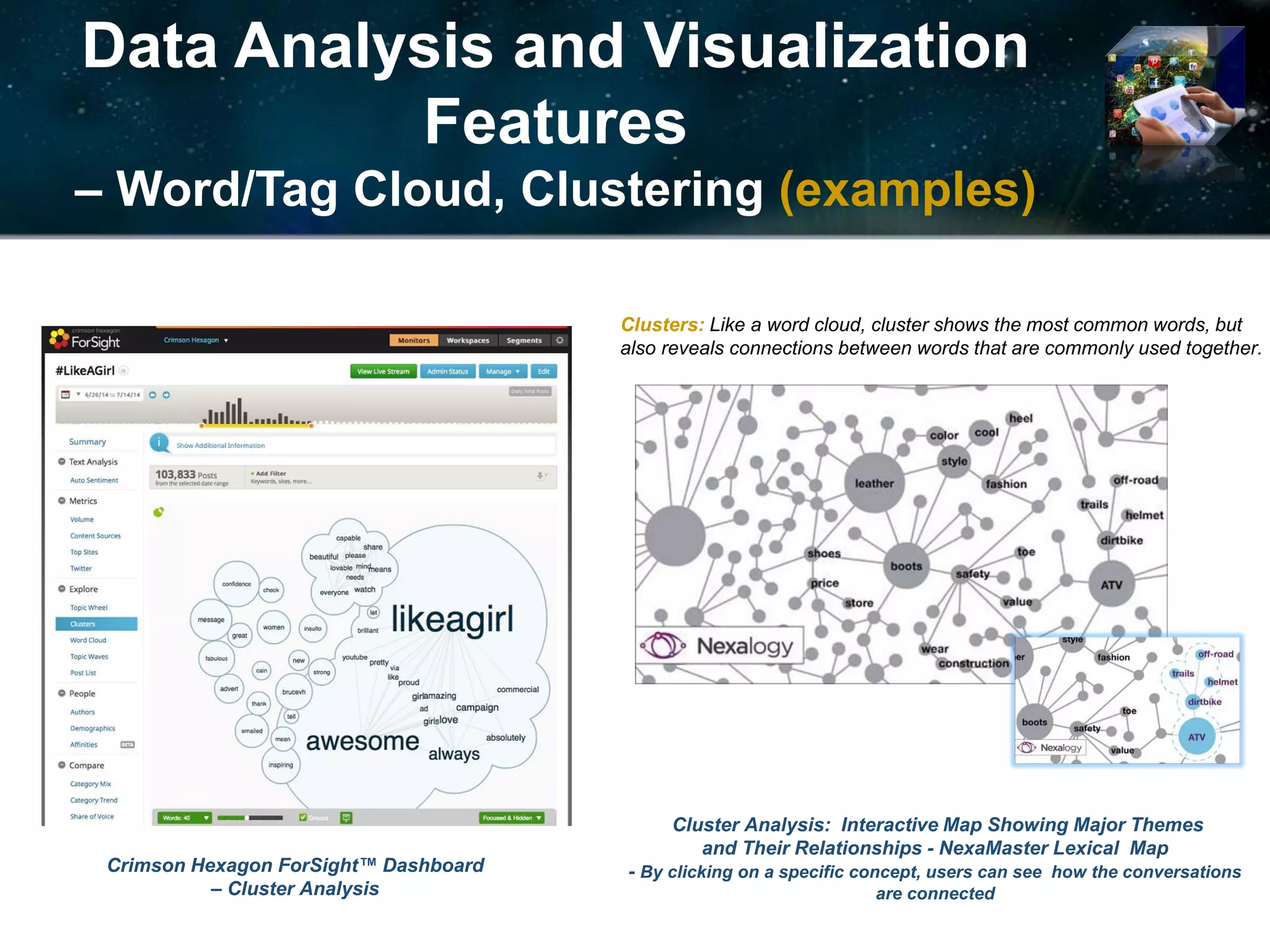 Data Analysis and Visualization
Features
– Word/Tag Cloud, Clustering (examples)
Clusters: Like a word cloud, cluster shows the most common words, but
also reveals connections between words that are commonly used together.
Cluster Analysis: Interactive Map Showing Major Themes
and Their Relationships - NexaMaster Lexical Map
- By clicking on a specific concept, users can see how the conversations
are connected
Crimson Hexagon ForSight™ Dashboard
– Cluster Analysis
 
