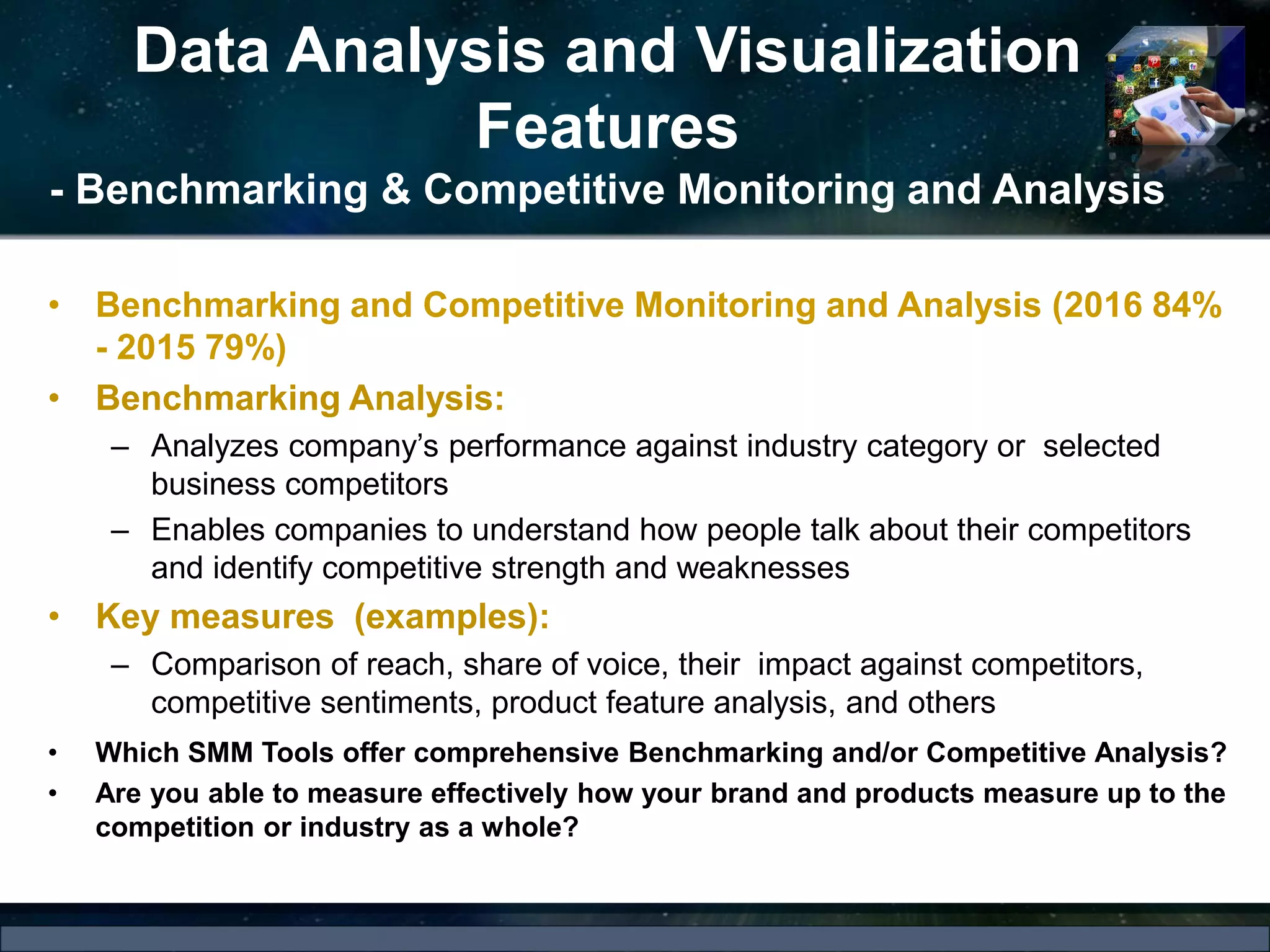 Data Analysis and Visualization
Features
- Benchmarking & Competitive Monitoring and Analysis
• Benchmarking and Competitive Monitoring and Analysis (2016 84%
- 2015 79%)
• Benchmarking Analysis:
– Analyzes company’s performance against industry category or selected
business competitors
– Enables companies to understand how people talk about their competitors
and identify competitive strength and weaknesses
• Key measures (examples):
– Comparison of reach, share of voice, their impact against competitors,
competitive sentiments, product feature analysis, and others
• Which SMM Tools offer comprehensive Benchmarking and/or Competitive Analysis?
• Are you able to measure effectively how your brand and products measure up to the
competition or industry as a whole?
 