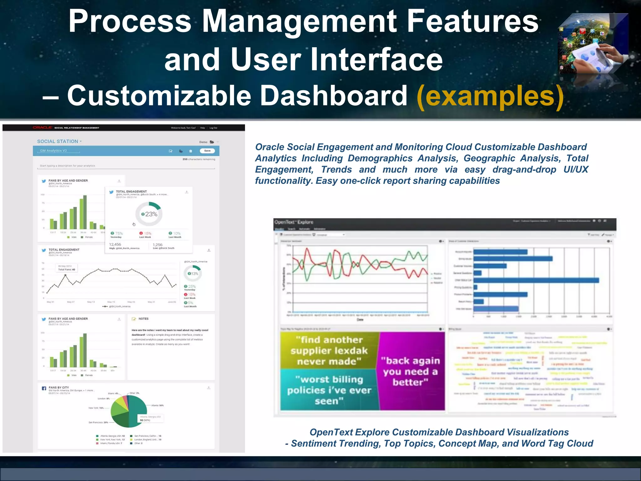 Process Management Features
and User Interface
– Customizable Dashboard (examples)
Oracle Social Engagement and Monitoring Cloud Customizable Dashboard
Analytics Including Demographics Analysis, Geographic Analysis, Total
Engagement, Trends and much more via easy drag-and-drop UI/UX
functionality. Easy one-click report sharing capabilities
OpenText Explore Customizable Dashboard Visualizations
- Sentiment Trending, Top Topics, Concept Map, and Word Tag Cloud
 