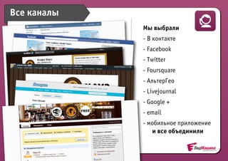 Все каналы                                         Чел
             Оповещение    Оповещение
                          Мы выбрали               инт
                          - В контакте
                          - Facebook
                          - Twitter
                          - Foursquare
                          - АльтерГео
                          - Livejournal
                          - Google +
                          - email
                          - мобильное приложение
                             и все объединили
 