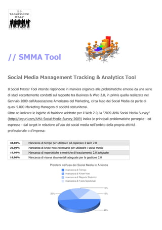 // SMMA Tool

Social Media Management Tracking & Analytics Tool

Il Social Master Tool intende rispondere in maniera organica alle problematiche emerse da una serie
di studi recentemente condotti sul rapporto tra Business & Web 2.0, in primis quella realizzata nel
Gennaio 2009 dall'Associazione Americana del Marketing, circa l'uso dei Social Media da parte di
quasi 5.000 Marketing Managers di società statunitensi.
Oltre ad indicare le logiche di fruizione adottate per il Web 2.0, la "2009 AMA Social Media Survey"
(http://tinyurl.com/AMA-Social-Media-Survey-2009) indica le principali problematiche percepite - ed
espresse - dal target in relazione all'uso dei social media nell'ambito della propria attività
professionale o d'impresa:


 48,00%        Mancanza di tempo per utilizzare ed esplorare il Web 2.0
 20,00%        Mancanza di know-how necessario per utilizzare i social media
 16,00%        Mancanza di reportistiche e metriche di tracciamento 2.0 adeguate
 16,00%        Mancanza di risorse strumentali adeguate per la gestione 2.0
 