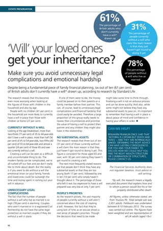 Estate preservation




                                                                                           61%
                                                                                           The percentage of
                                                                                           British adults who
                                                                                            don’t currently
                                                                                                                         31%
                                                                                                                       The percentage of
                                                                                              have a will*
                                                                                                                        people currently
                                                                                                drawn up
                                                                                                                       without a will who



‘Will’ your loved ones
                                                                                                                     claim the main reason
                                                                                                                         is that they just
                                                                                                                      haven’t got round to
                                                                                                                            doing it yet


get your inheritance?                                                                                                 78%
                                                                                                                    The percentage
Make sure you avoid unnecessary legal                                                                              of people without
                                                                                                                   a will who live as
complications and emotional hardship                                                                                    married


Despite being a fundamental piece of family financial planning, six out of ten (61 per cent)
of British adults don’t currently have a will* drawn up, according to research by Standard Life.
The research reveals that this becomes              If one of them were to die, the money        might take some time to think through,
even more worrying when looking at                could be passed on to their parents or a       finalising a will is not an arduous process
the figures of those with children in the         family member before their partner. This       and can be done quickly. And also, while
household and also by age.                        can, of course, lead to unnecessary legal      some might not believe they have any
  People with no children (41 per cent) in        complications and financial hardship that      substantial assets to pass on, it’s important
the household are more likely to currently        could easily be avoided. Therefore a large     to remember that having a will in place is
have a will in place than those with              proportion of this group really needs to       about peace of mind and confidence in
children at home (27 per cent).                   review their circumstances and prioritise      having your affairs in order. n
                                                  the value of having a will to protect their
Currently without a will                          partner and any children they might also
                                                                                                   Can we help?
Looking at the age breakdown, more than           have in the relationship.
two-thirds (77 per cent) of 35 to 44-year-olds                                                     Benjamin Franklin once said that
don’t have a will in place, more than half (56    NO SUBSTANTIAL ASSETS                            ‘nothing is certain but death and
per cent) of 45 to 54-year-olds, two-fifths (42   The research reveals that three out of ten       taxes’ – and they are intrinsically
                                                                                                   linked. Obtaining the right advice
per cent) of 55 to 64-year-olds and almost a      (31 per cent) of those currently without
                                                                                                   can have lasting consequences
quarter (24 per cent) of those 65 and over        a will claim the main reason is that they        for you and your family. To
are currently without a will.                     just haven’t got round to doing it yet. This     discuss how we could help you
   Creating a will can be seen as a difficult     figure is consistent for those aged 65 and       find the right wealth structure
and uncomfortable thing to do. The                over, with 30 per cent stating they haven’t      or combination of structures,
                                                                                                   please contact us.
modern family can be complicated, we’re           got round to creating a will.
all rushed off our feet and we don’t really          The next most frequently stated reasons
like to think about death. But the reality        are that people don’t think they have any         The Financial Services Authority does
is if you were to die without a will the          substantial assets or that they are too           not regulate taxation, trust advice or
emotional strain on your family, friends          young (both 17 per cent), followed by one                                   will writing.
and loved ones could far outweigh the             in ten (10 per cent) who simply haven’t
time and money spent in sorting out your          thought about it. The percentage of those           *By will, the research means a legally
will in advance.                                  who felt it was too expensive to have a will   executed document that explains how and
                                                  prepared was very low at only 7 per cent.         to whom a person would like his or her
Unnecessary legal                                                                                          property distributed after death.
complications                                     People’s priorities
The fact that the number of people                As the research proves, the vast majority         All figures, unless otherwise stated, are
without a will who live as married is so          of people currently without a will aren’t         from YouGov Plc. Total sample size was
high (78 per cent) is alarming. Couples           concerned about the cost of creating             2,051 adults. Fieldwork was undertaken
who aren’t married or in a registered Civil       a will. However, the fact that they’re          between 8-10 February 2012. The survey
Partnership do not have the same legal            using lack of time as an excuse shows a          was carried out online. The figures have
protection as married couples if they die         real sense of people’s priorities. Though       been weighted and are representative of
without a will in place.                          the decisions that need to be made                                all UK adults (aged 18+).


10
 