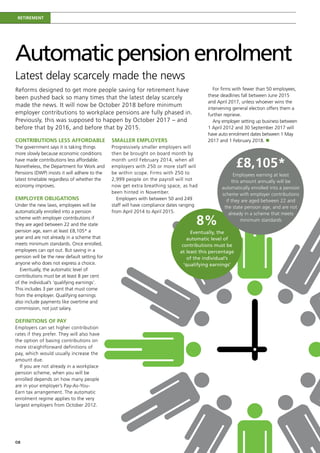 Retirement




Automatic pension enrolment
Latest delay scarcely made the news
Reforms designed to get more people saving for retirement have                               For firms with fewer than 50 employees,
been pushed back so many times that the latest delay scarcely                             these deadlines fall between June 2015
                                                                                          and April 2017, unless whoever wins the
made the news. It will now be October 2018 before minimum
                                                                                          intervening general election offers them a
employer contributions to workplace pensions are fully phased in.                         further reprieve.
Previously, this was supposed to happen by October 2017 – and                                Any employer setting up business between
before that by 2016, and before that by 2015.                                             1 April 2012 and 30 September 2017 will
                                                                                          have auto enrolment dates between 1 May
Contributions less affordable                  Smaller employers                          2017 and 1 February 2018. n
The government says it is taking things        Progressively smaller employers will
more slowly because economic conditions        then be brought on board month by
have made contributions less affordable.
Nonetheless, the Department for Work and
                                               month until February 2014, when all
                                               employers with 250 or more staff will                     £8,105*
Pensions (DWP) insists it will adhere to the   be within scope. Firms with 250 to                     Employees earning at least
latest timetable regardless of whether the     2,999 people on the payroll will not                  this amount annually will be
economy improves.                              now get extra breathing space, as had            automatically enrolled into a pension
                                               been hinted in November.                         scheme with employer contributions
Employer obligations                              Employers with between 50 and 249               if they are aged between 22 and
Under the new laws, employees will be          staff will have compliance dates ranging          the state pension age, and are not
automatically enrolled into a pension          from April 2014 to April 2015.                      already in a scheme that meets
scheme with employer contributions if
they are aged between 22 and the state                                                8%                  minimum standards

pension age, earn at least £8,105* a                                               Eventually, the
year and are not already in a scheme that                                        automatic level of
meets minimum standards. Once enrolled,                                        contributions must be
employees can opt out. But saving in a                                        at least this percentage
pension will be the new default setting for                                       of the individual’s
anyone who does not express a choice.                                           ‘qualifying earnings’
   Eventually, the automatic level of
contributions must be at least 8 per cent
of the individual’s ‘qualifying earnings’.
This includes 3 per cent that must come
from the employer. Qualifying earnings
also include payments like overtime and
commission, not just salary.

Definitions of pay
Employers can set higher contribution
rates if they prefer. They will also have
the option of basing contributions on
more straightforward definitions of
pay, which would usually increase the
amount due.
   If you are not already in a workplace
pension scheme, when you will be
enrolled depends on how many people
are in your employer’s Pay-As-You-
Earn tax arrangement. The automatic
enrolment regime applies to the very
largest employers from October 2012.




08
 