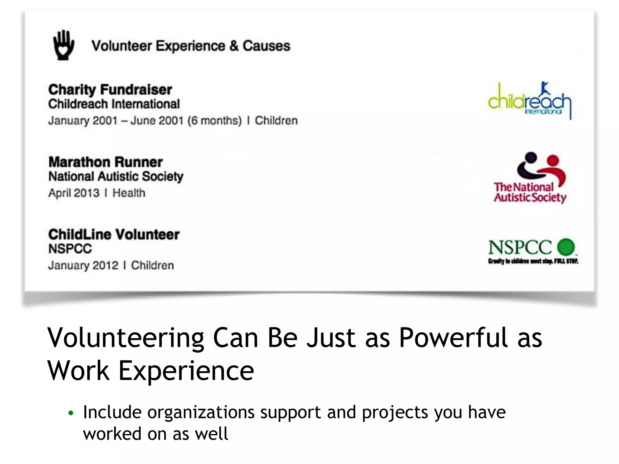 Volunteering Can Be Just as Powerful as
Work Experience
• Include organizations support and projects you have
worked on as well
 