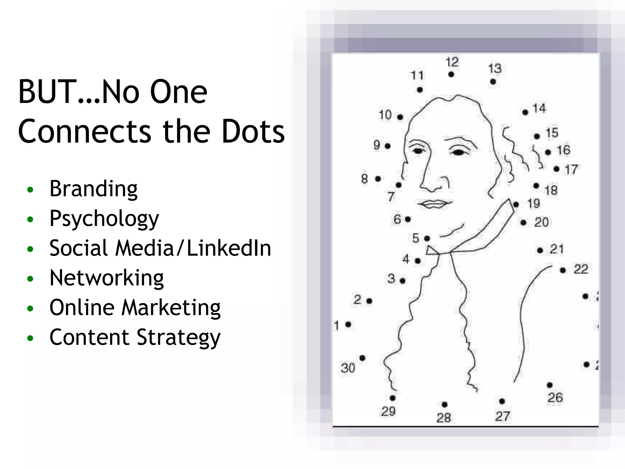 BUT…No One
Connects the Dots
• Branding
• Psychology
• Social Media/LinkedIn
• Networking
• Online Marketing
• Content Strategy
 