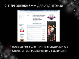 2. ПЕРЕОЦЕНКА SMM ДЛЯ АУДИТОРИИ




   ПОВЫШЕНИЕ РОЛИ ГРУППЫ В МЕДИА МИКСЕ
   СТРАТЕГИЯ ЕЕ ПРОДВИЖЕНИЯ / УВЕЛИЧЕНИЯ
 