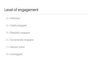 Level of engagement

 5 = Addicted


 4 = Highly engaged


 3 = Regularly engaged


 2 = Occasionally engaged


 1 = Repeat visitor


 0 = Unengaged
 