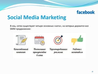 Social Media Marketing
В соц. сетях существуют четыре основных «кита», на которых держится все
SMM продвижение:
18
 