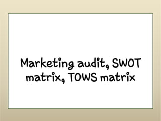 Marketing audit, SWOT
matrix, TOWS matrix
 