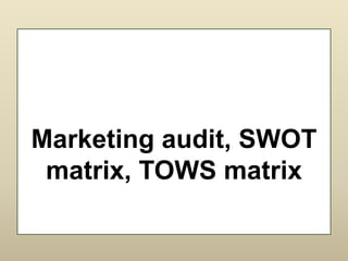 Marketing audit, SWOT
matrix, TOWS matrix
 