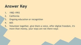 Answer Key 
1. 1982-1993 
2. California 
3. Ongoing education or recognition 
4. 66% 
5. Volunteer together, give them a voice, offer digital freedom, it's 
more than money, your ways are not there ways 
 