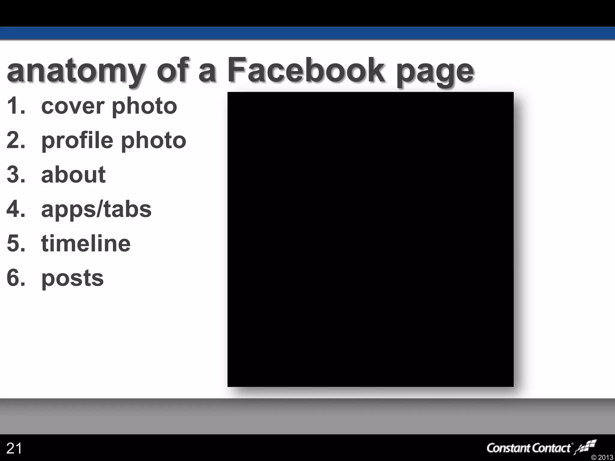 © 2013
anatomy of a Facebook page
1. cover photo
2. profile photo
3. about
4. apps/tabs
5. timeline
6. posts
21
 