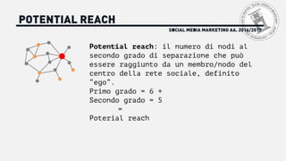 SOCIAL MEDIA MARKETING AA. 2016/2017
POTENTIAL REACH
Potential reach: il numero di nodi al
secondo grado di separazione che può
essere raggiunto da un membro/nodo del
centro della rete sociale, definito
“ego”.
Primo grado = 6 +
Secondo grado = 5
=
Poterial reach
 