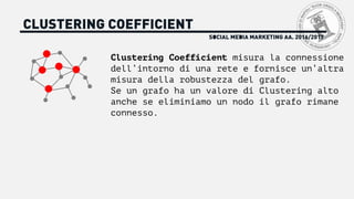 SOCIAL MEDIA MARKETING AA. 2016/2017
CLUSTERING COEFFICIENT
Clustering Coefficient misura la connessione
dell’intorno di una rete e fornisce un’altra
misura della robustezza del grafo.
Se un grafo ha un valore di Clustering alto
anche se eliminiamo un nodo il grafo rimane
connesso.
 