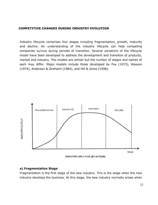 COMPETITIVE CHANGES DURING INDUSTRY EVOLUTION
Industry lifecycle comprises four stages including fragmentation, growth, maturity
and decline. An understanding of the industry lifecycle can help competing
companies survive during periods of transition. Several variations of the lifecycle
model have been developed to address the development and transition of products,
market and industry. The models are similar but the number of stages and names of
each may differ. Major models include those developed by Fox (1973), Wasson
(1974), Anderson & Zeithaml (1984), and Hill & Jones (1998).
a) Fragmentation Stage
Fragmentation is the first stage of the new industry. This is the stage when the new
industry develops the business. At this stage, the new industry normally arises when
12
 