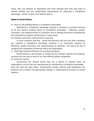 result, they can become so specialized and inner directed that they lose sight of
market realities and the fundamental requirements for achieving a competitive
advantage. Sooner or later, this leads to failure.
Steps to Avoid Failure:
a) Focus on the Building Blocks of competitive advantage:
Maintaining a competitive advantage requires a company to continue focusing
on all four generic building blocks of competitive advantage – efficiency, quality,
innovation, and responsiveness to customers and to develop distinctive competencies
that contribute to superior performance in these areas.
b) Institute continuous Improvement & Learning:
In such a dynamic and fast – paced environment, the only way that a company
can maintain a competitive advantage overtime is to continually improve its
efficiently, quality innovation and responsiveness to customer. The way to do this is
recognize the importance of learning within the organization.
c) Track Best Industrial Practice and use Benchmarking:
Benchmarking is the process of measuring the company against the products,
practices and services of some of its most efficient global competitors.
d) Overcome Inertia:
Overcoming the internal forces that are a barrier to change within an
organization is one of the key requirements for maintaining a competitive advantage.
Once this step has been taken, implementing change requires good leadership, the
judicious use of power and appropriate changes in organizational structure & control
systems.
28
 