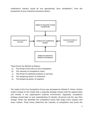 unattractive industry would be one approaching “pure competition”, from the
perspective of pure industrial economics theory.
These forces are defined as follows:
a) The threat of the entry of new competitors
b) The intensity of competitive rivalry
c) The threat of substitute products or services
d) The bargaining power of customers
e) The bargaining power of suppliers
The model of the Five Competitive Forces was developed by Michael E. Porter. Porters
model is based on the insight that a corporate strategy should meet the opportunities
and threats in the organizations external environment. Especially, competitive
strategy should base on and understanding of industry structures and the way they
change. Porter has identified five competitive forces that shape every industry and
every market. These forces determine the intensity of competition and hence the
6
 